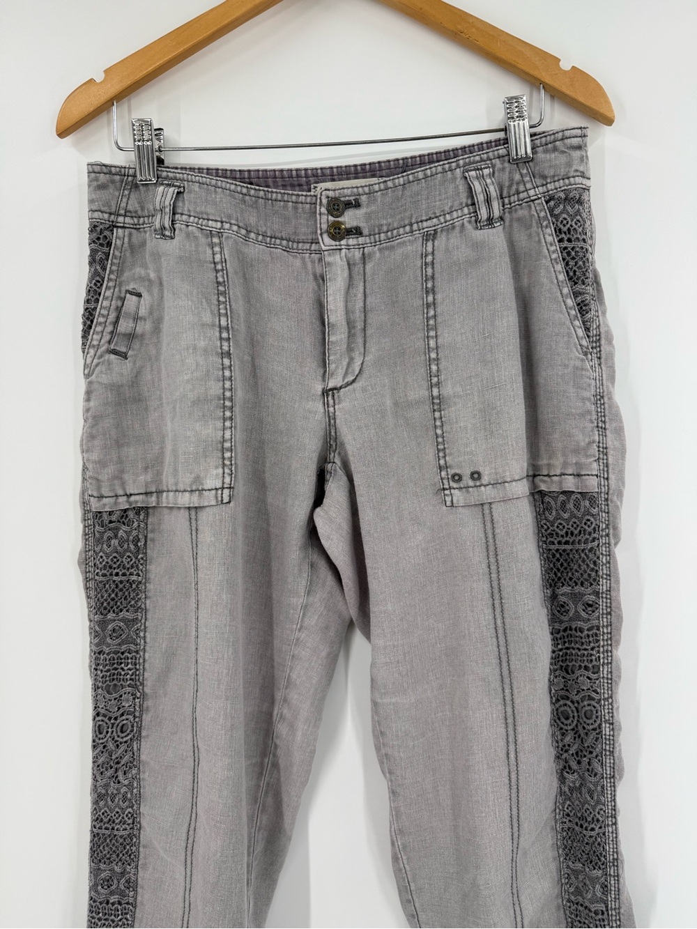 Anthropologie Hei Hei Linen Crochet Trim Cargo Pants | Grey | 28 - Picture 4 of 7